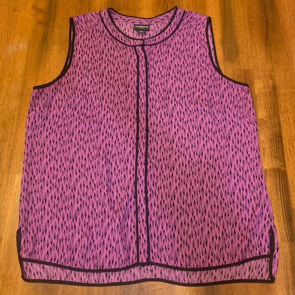 Liz Claiborne Sleeveless Blouse XL light Purple Black Trim Button Front